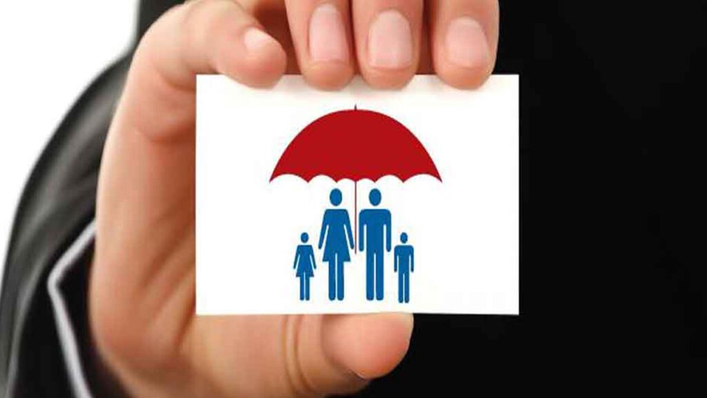 red umbrella held over a family of four displaying term life insurance